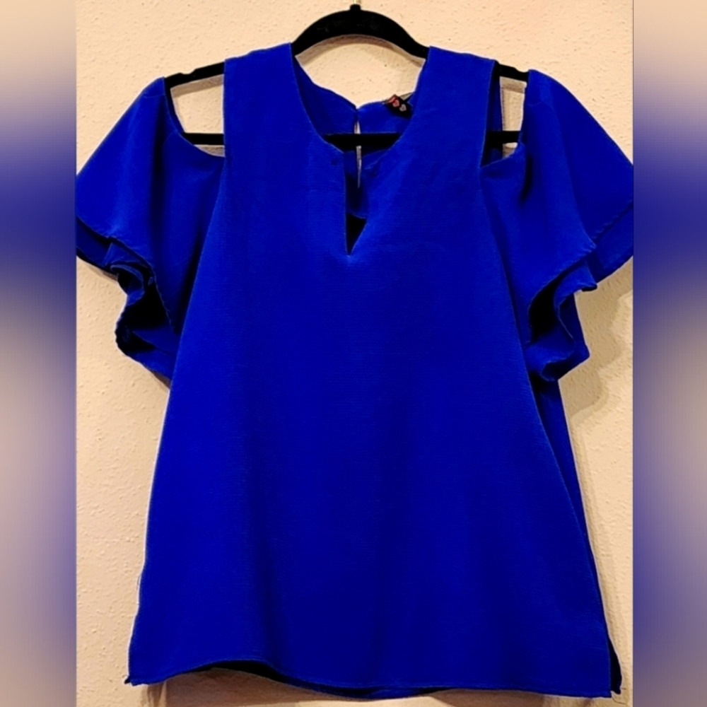 Women's Cold Shoulder Blouse with Ruffle Sleeves- Royal Blue-NWOT
